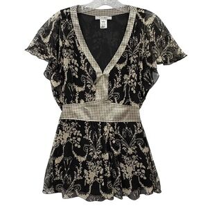 Y2K Nine‎ West Women's Black Floral Silk Blouse Top V-Neck Flutter Sleeve 10